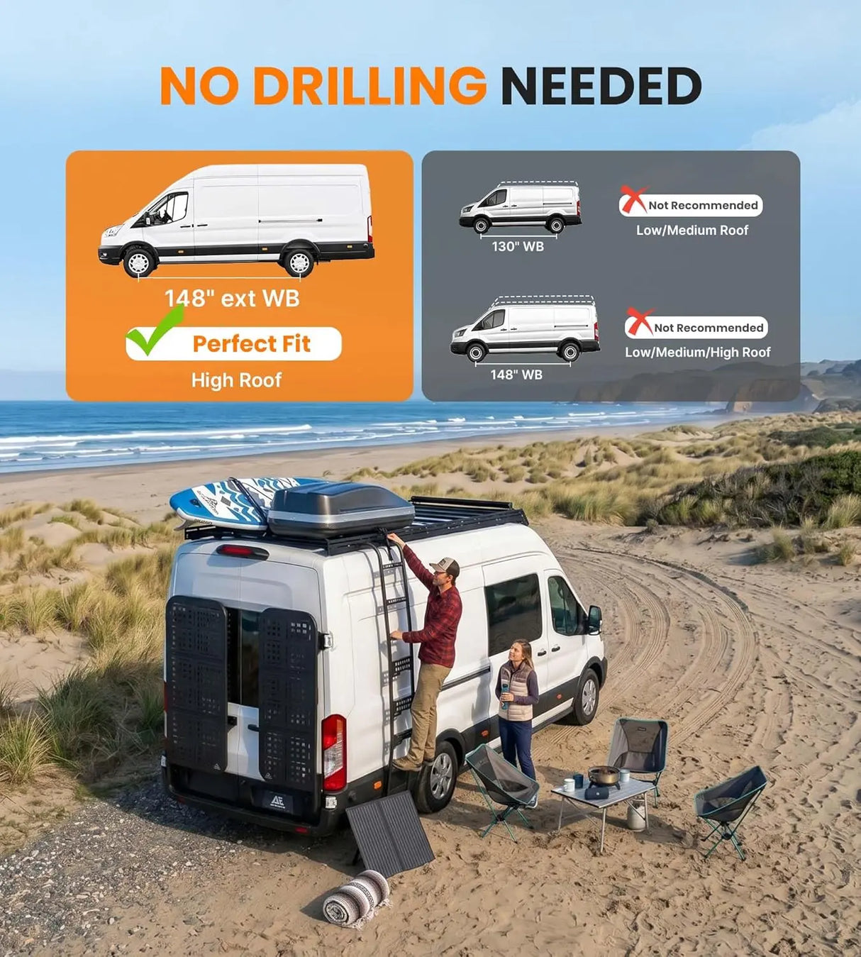 MELIPRON Ford Transit 148" WB Ext High Roof Aluminum Roof Rack, Low Profile, Wind Fairing, T-Slot, 300lb/500lb Capacity -2