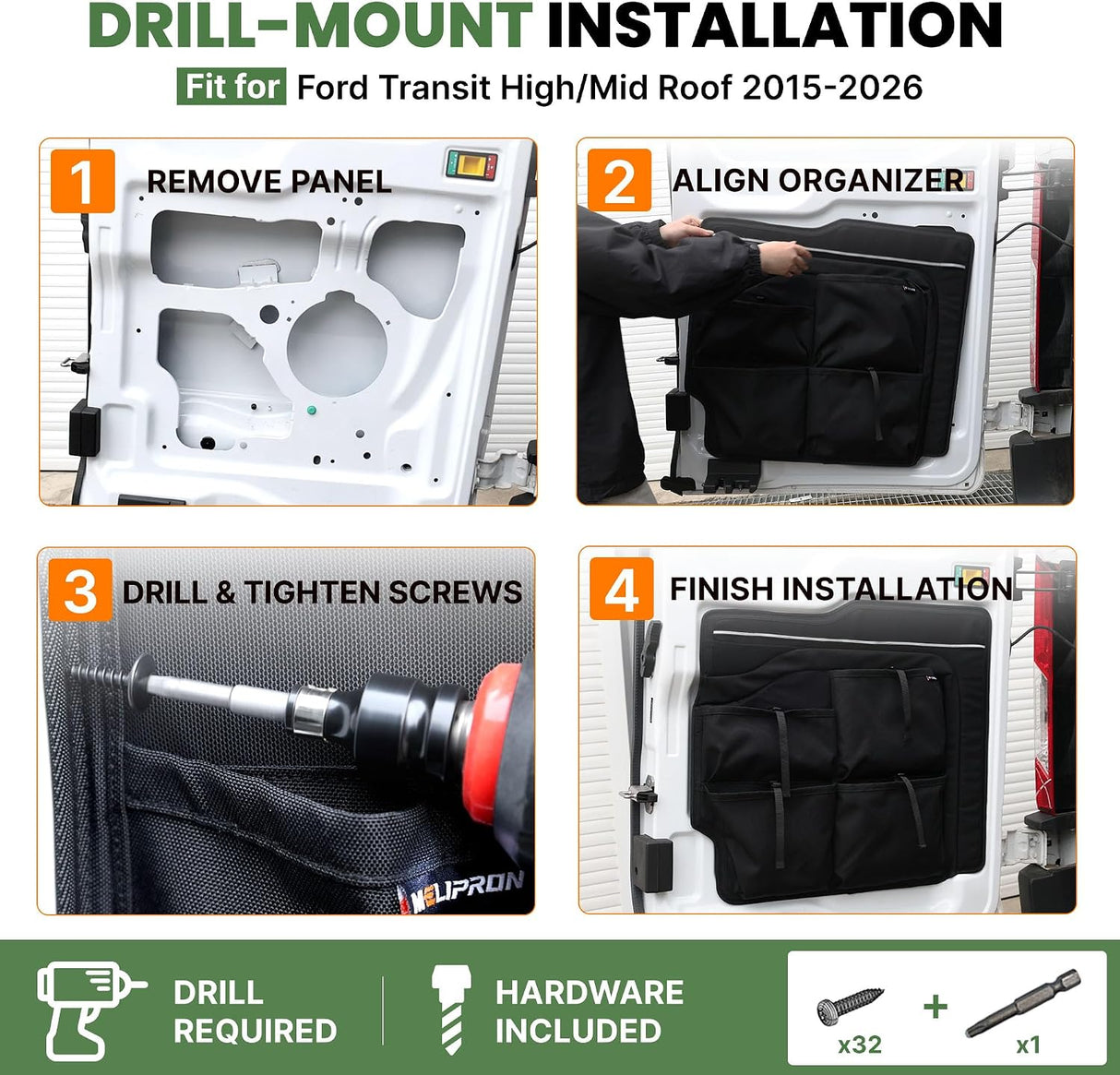 Melipron Full Rear Door Storage System for Ford Transit High Roof 150/250/350 2015–2026 – Upper, Middle & Lower Organizer Kit