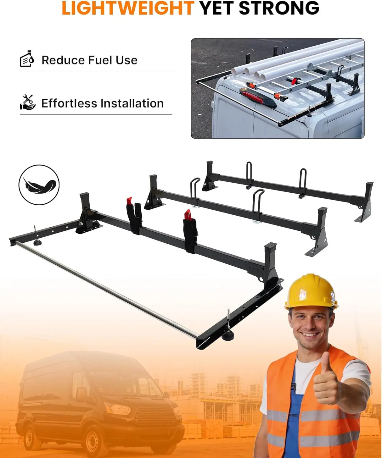 800lbs Van Roof Ladder Rack with Rear Roller Fits for 2015-2025 Ford Transit 150 250 350, Steel Cargo Van Rack with Anti-Rust Coating, Ideal for Transporting Ladders, Pipes-5