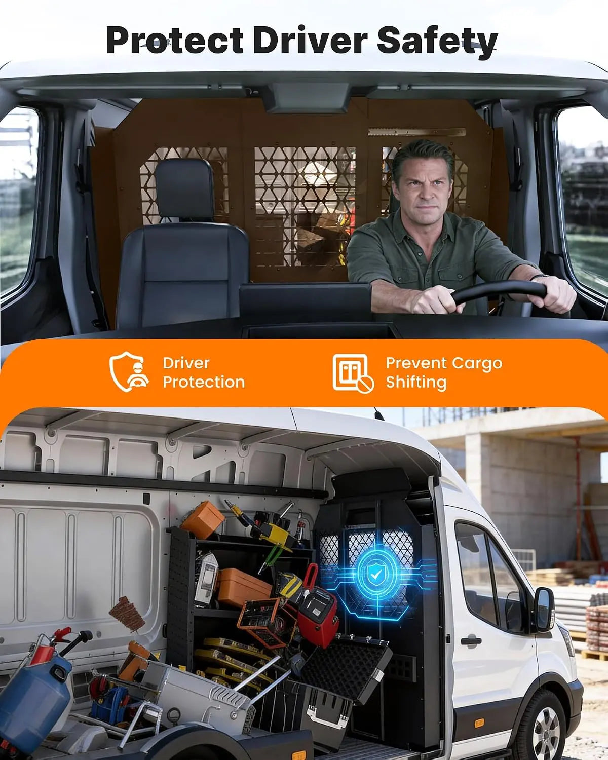 Melipron Ford Transit High Roof Van Bulkhead Partition with Locking Sliding Door - Black