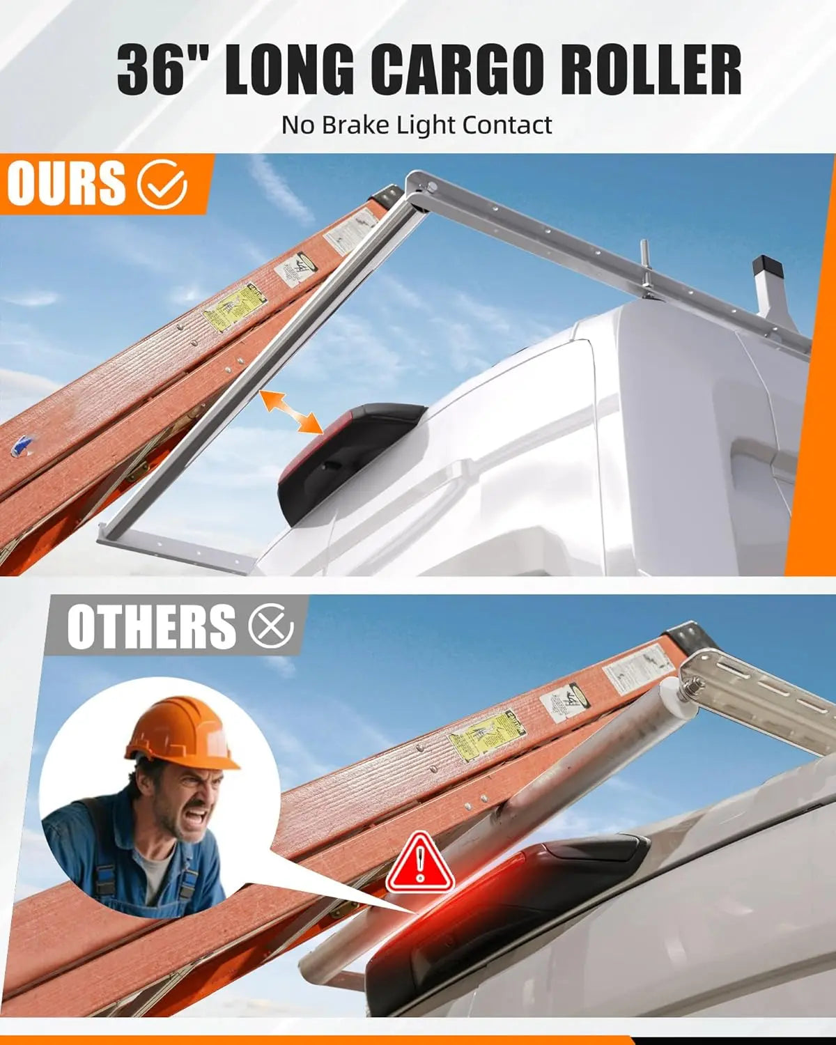 Cargo Van Roof Ladder Rack with 36" Rear Roller (NOT Affect Brake Light) Fit for Ford Transit 150 250 350, Low/Mid/High Roof, 800 Lbs Capacity Steel Ladder Rack for Van, No‑Drill Required-2