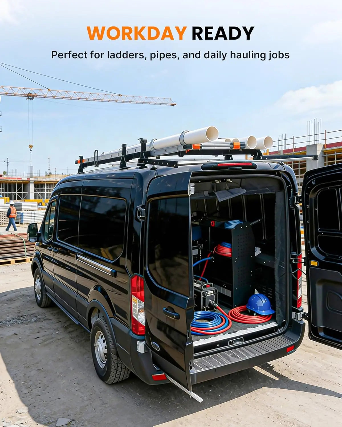 800lbs Van Roof Ladder Rack with Rear Roller Fits for 2015-2025 Ford Transit 150 250 350, Steel Cargo Van Rack with Anti-Rust Coating, Ideal for Transporting Ladders, Pipes-7