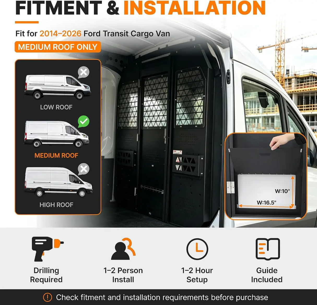Melipron Ford Transit Van Partition & 32″ W x 60″ H x 13″ D Steel Shelving, Fits Transit 150/250/350 Mid-Roof 2014–2026
