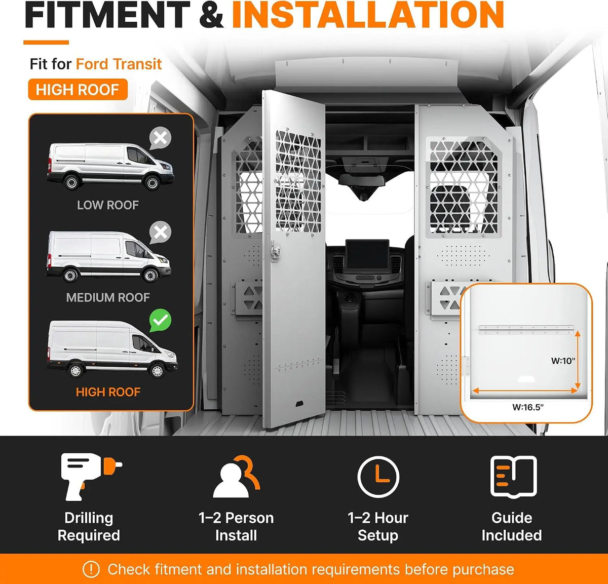 MELIPRON Van Partition with Hinged Door Fit for 2014-2026 Ford Transit 150/250/350 High Roof