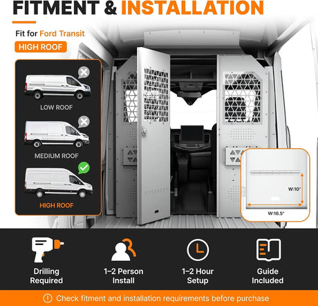 MELIPRON Van Partition with Hinged Door Fit for 2014-2026 Ford Transit 150/250/350 High Roof