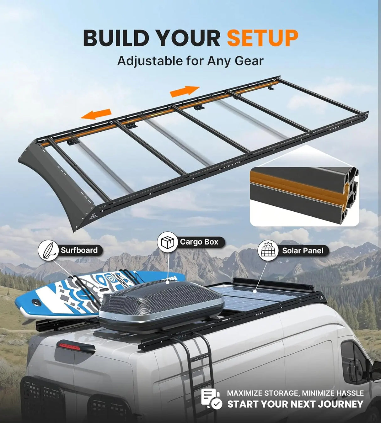 MELIPRON Ford Transit 148" WB Ext High Roof Aluminum Roof Rack, Low Profile, Wind Fairing, T-Slot, 300lb/500lb Capacity -3