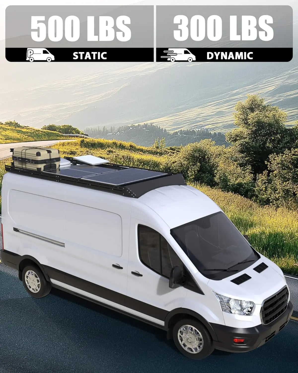 Aluminum Van Roof Rack Pro for Ford Transit 148" – Solar Panel Brackets & Wind Fairing - MELIPRON
