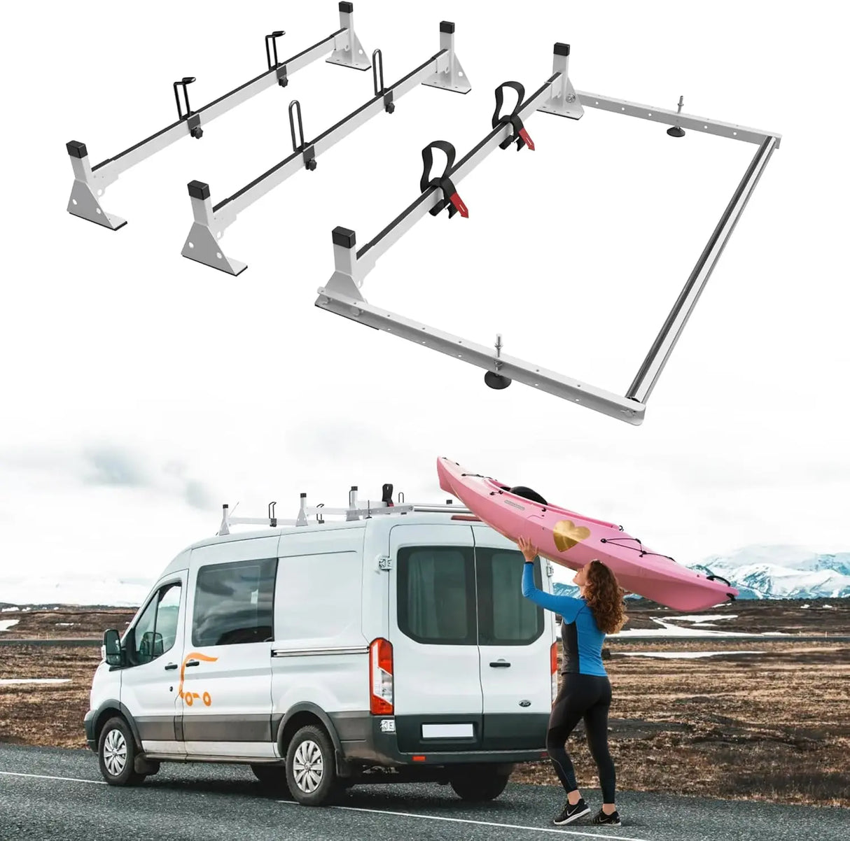 Cargo Van Roof Ladder Rack with 36" Rear Roller (NOT Affect Brake Light) Fit for Ford Transit 150 250 350, Low/Mid/High Roof, 800 Lbs Capacity Steel Ladder Rack for Van, No‑Drill Required-8