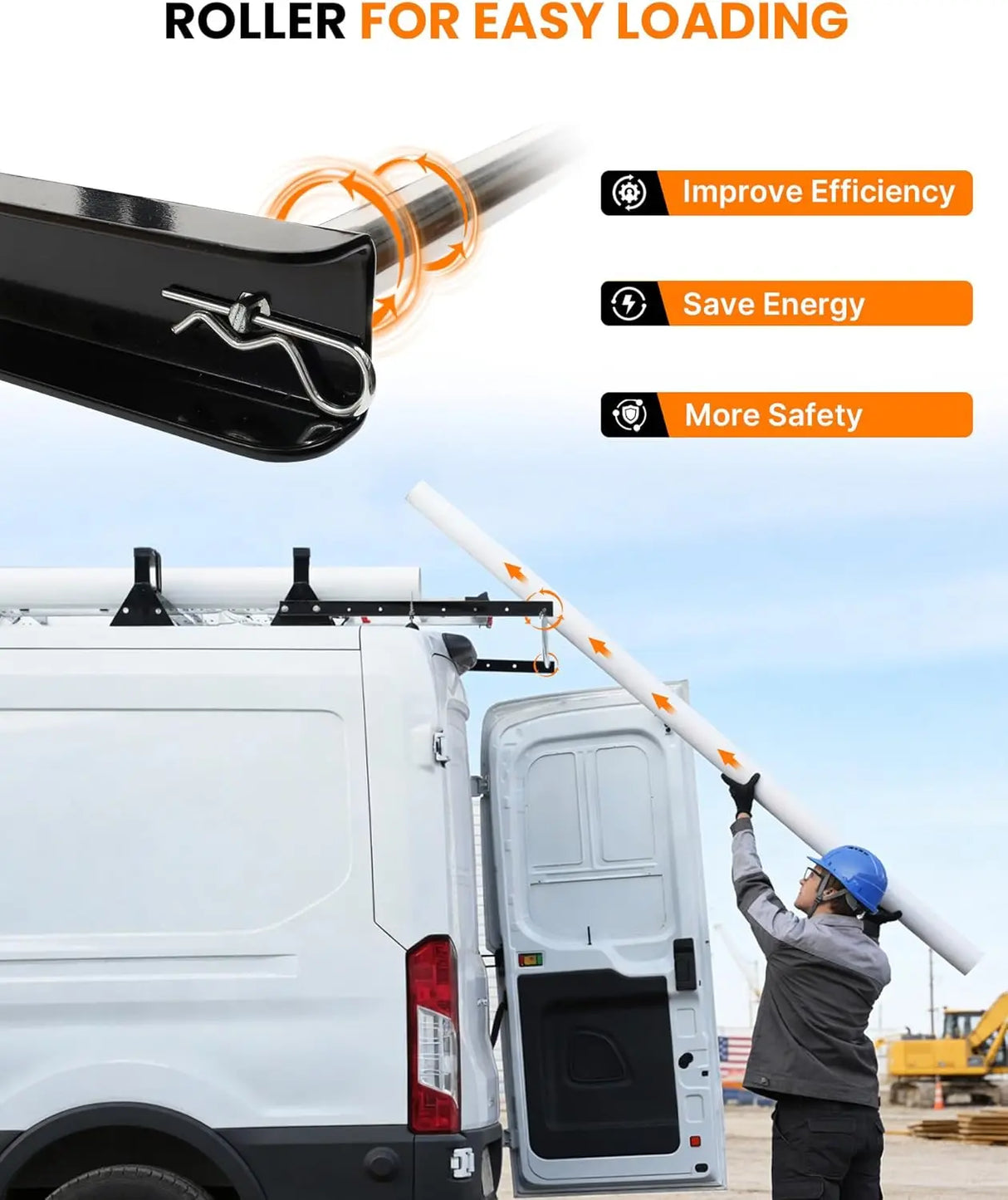 800lbs Van Roof Ladder Rack with Rear Roller Fits for 2015-2025 Ford Transit 150 250 350, Steel Cargo Van Rack with Anti-Rust Coating, Ideal for Transporting Ladders, Pipes-2