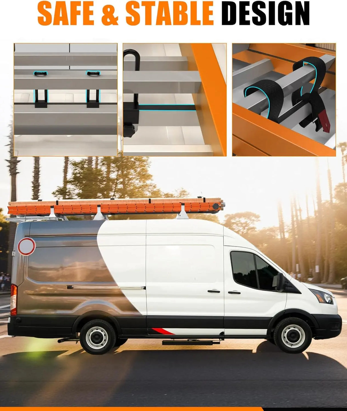 Cargo Van Roof Ladder Rack with 36" Rear Roller (NOT Affect Brake Light) Fit for Ford Transit 150 250 350, Low/Mid/High Roof, 800 Lbs Capacity Steel Ladder Rack for Van, No‑Drill Required-6