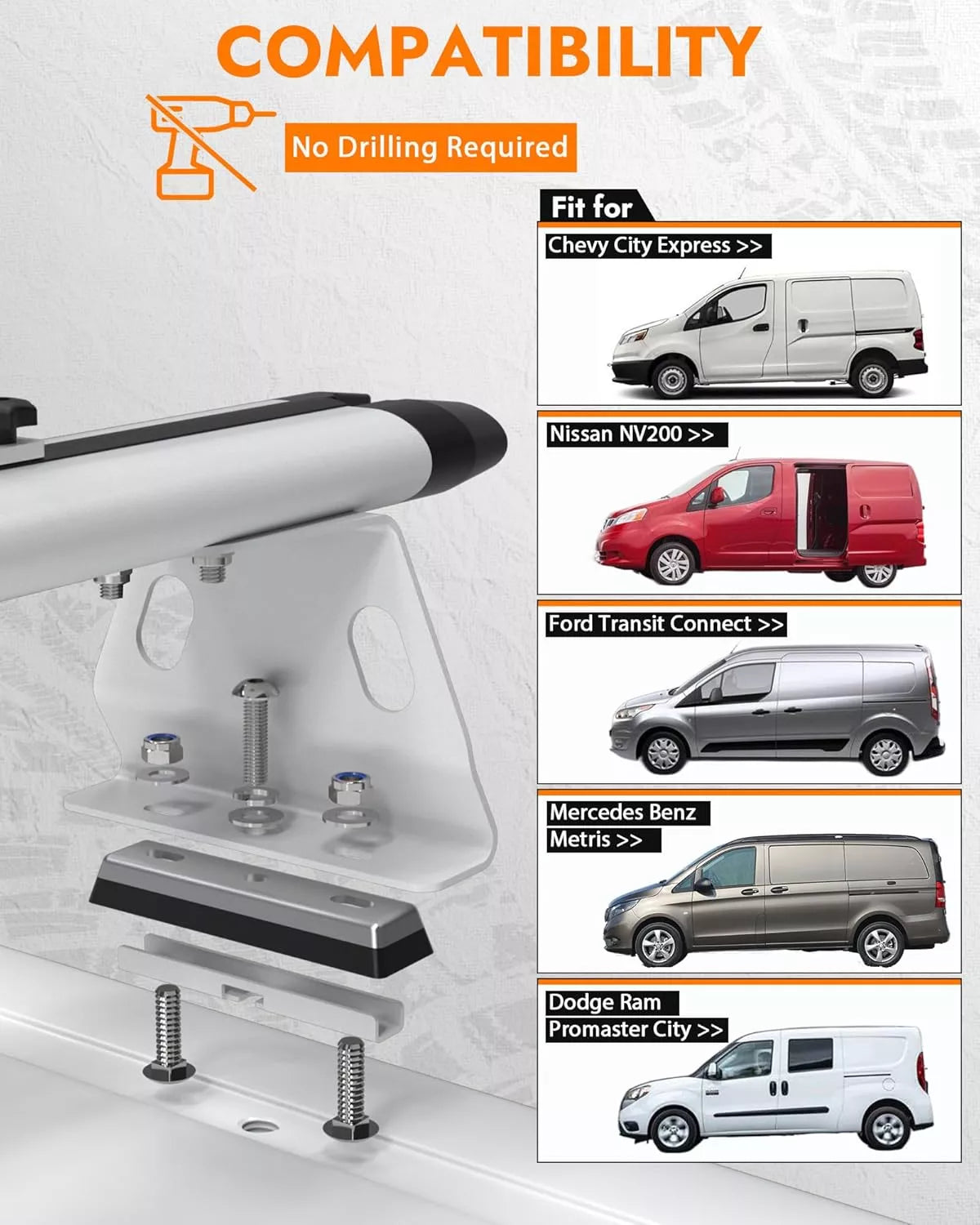 Melipron 3 Crossbars 53" Aluminum Van Roof Rack for Ford Transit Connect, RAM Promaster City, Nissan NV200, Chevy City Express
