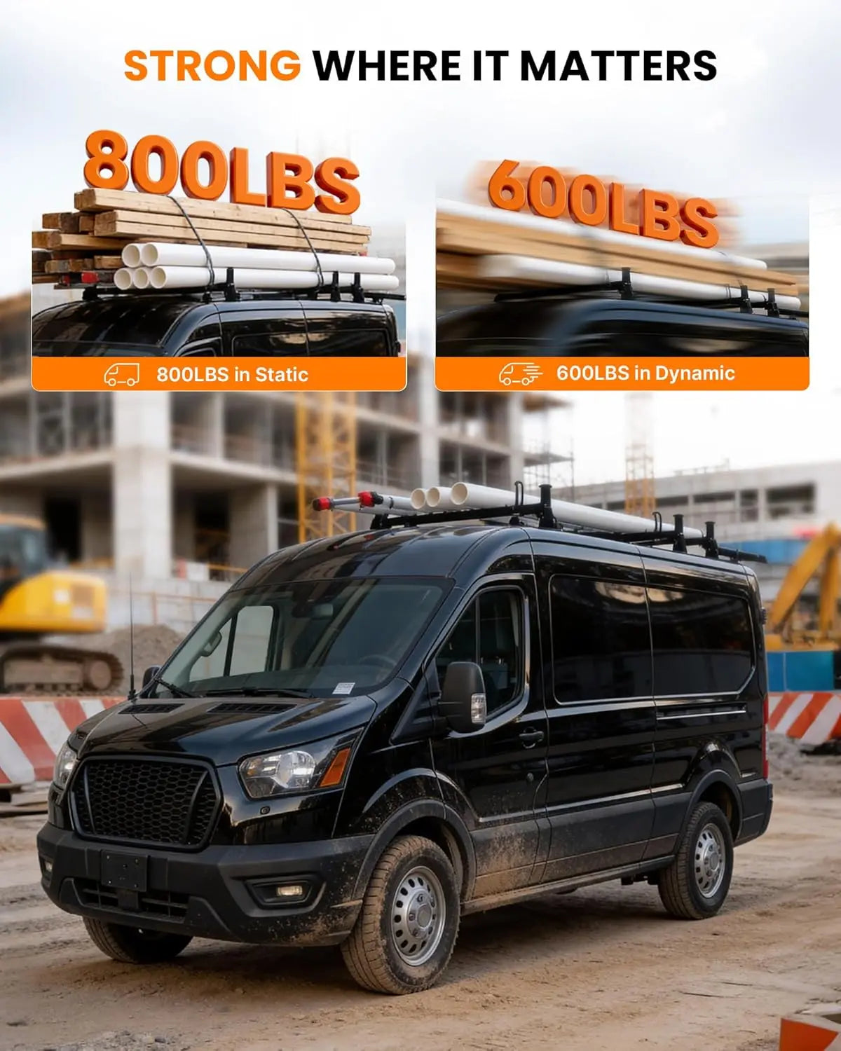 800lbs Van Roof Ladder Rack with Rear Roller Fits for 2015-2025 Ford Transit 150 250 350, Steel Cargo Van Rack with Anti-Rust Coating, Ideal for Transporting Ladders, Pipes-3