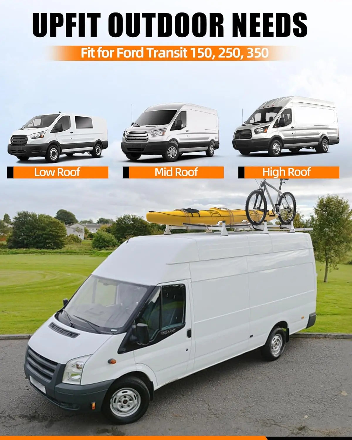 Cargo Van Roof Ladder Rack with 36" Rear Roller (NOT Affect Brake Light) Fit for Ford Transit 150 250 350, Low/Mid/High Roof, 800 Lbs Capacity Steel Ladder Rack for Van, No‑Drill Required-7