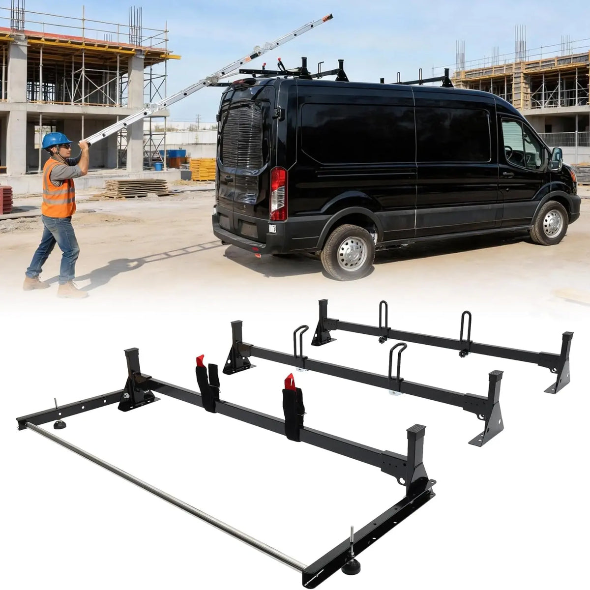 MELIPRON 800lbs Van Roof Ladder Rack with Rear Roller Fits for 2015-20